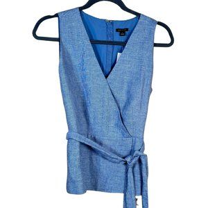Ann Taylor Women's Sleeveless Faux Wrap Belted Top Chambray Blue V-Neck NWT 6